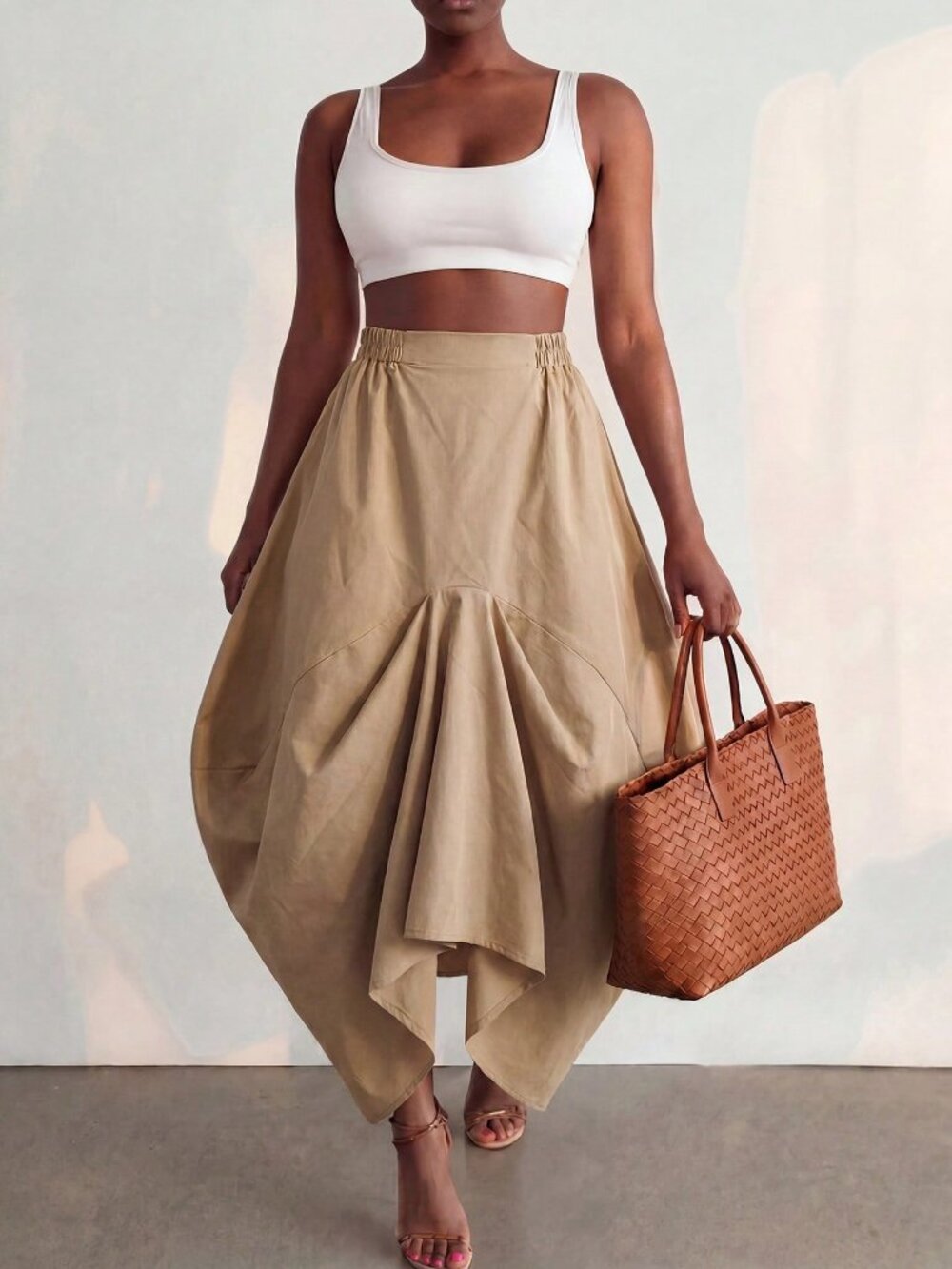 Khaki Casual Women's Asymmetrical A Line Midi Skirt